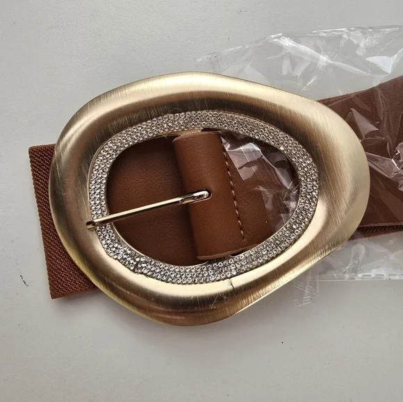 NEW Brown Stone Paved Abstract Golden Oval Buckle Elastic Belt - Picture 4 of 9